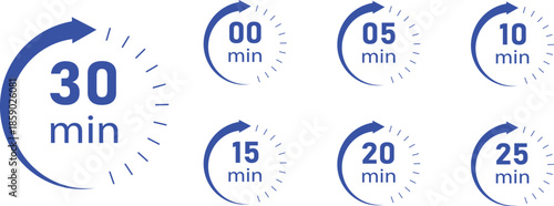  Set of blue Countdown timer icons for 0, 5, 10, 15, 20, 25, 30 minutes in circular arrow design, representing stopwatch, cooking time, time tracking, scheduling, deadline, and duration measurement