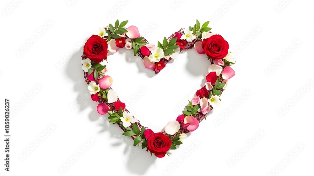 Obraz premium A heart-shaped arrangement of red and pink roses with green leaves on a white background, viewed from above