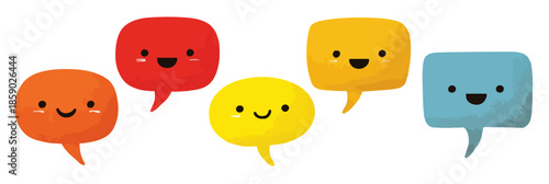 Cinco bocadillos de diálogo coloridos con caras sonrientes felices sobre fondo transparente.
