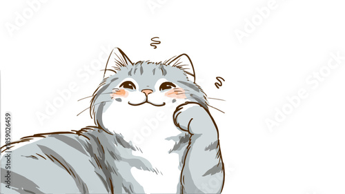 Adorable ilustración de gato atigrado gris sonriendo felizmente con mejillas sonrojadas sobre fondo transparente.