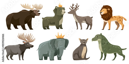 Colección de animales de dibujos animados con coronas, incluyendo alces, osos, ciervos, leones y elefantes.