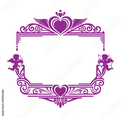 Purple ornate frame with hearts and cherubs on white background for valentines day or love themed designs