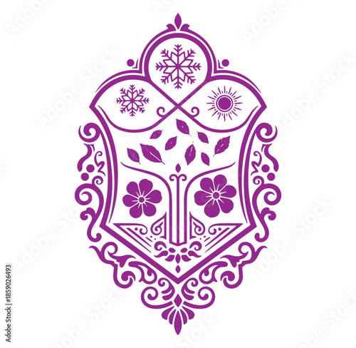 Purple ornate shield with flowers leaves snowflakes and sun isolated on transparent background