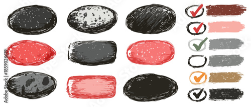 Conjunto de manchas de pintura ovaladas y rectangulares dibujadas a mano con marcas de verificación para diseño.
