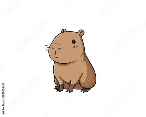 Adorable y tierno dibujo animado de capibara sentado con fondo transparente, estilo kawaii.
