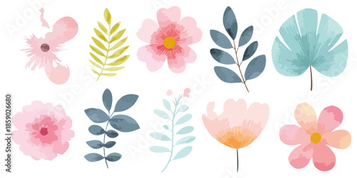 Colección de elementos florales y hojas en acuarela con tonos pastel sobre fondo blanco aislado.