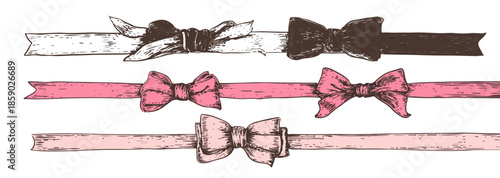 Conjunto de cintas decorativas dibujadas a mano con lazos, ideales para diseños elegantes y transparentes.