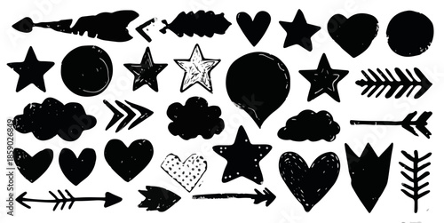 Conjunto de iconos dibujados a mano en negro: estrellas, corazones, nubes, flechas y formas abstractas sobre fondo blanco.