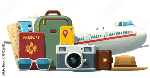 Colección de artículos esenciales para viajar, incluyendo maleta, pasaporte, cámara y avión sobre fondo blanco.