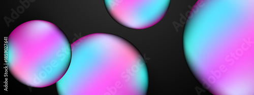 Presents gradient pink blue orbs against a dark black background