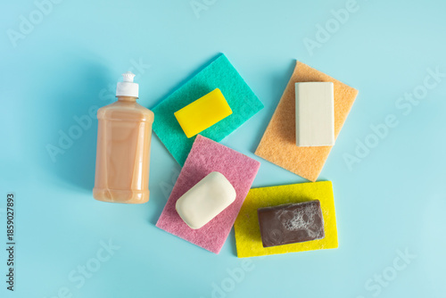 Soap as a means of protection from pollution. Various types of soap close-up on a light background top view