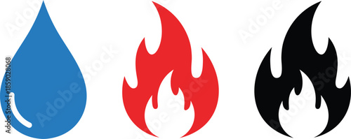 Blue water drop red and black fire on white background