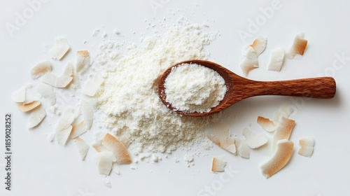 Coconut flour and shredded coconut on white background with wooden spoon