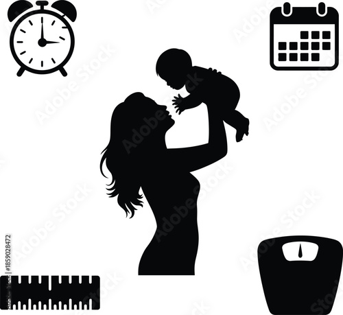 A silhouette of a mother holding her baby with symbols of time, calendar, measurement, and weight loss around her.