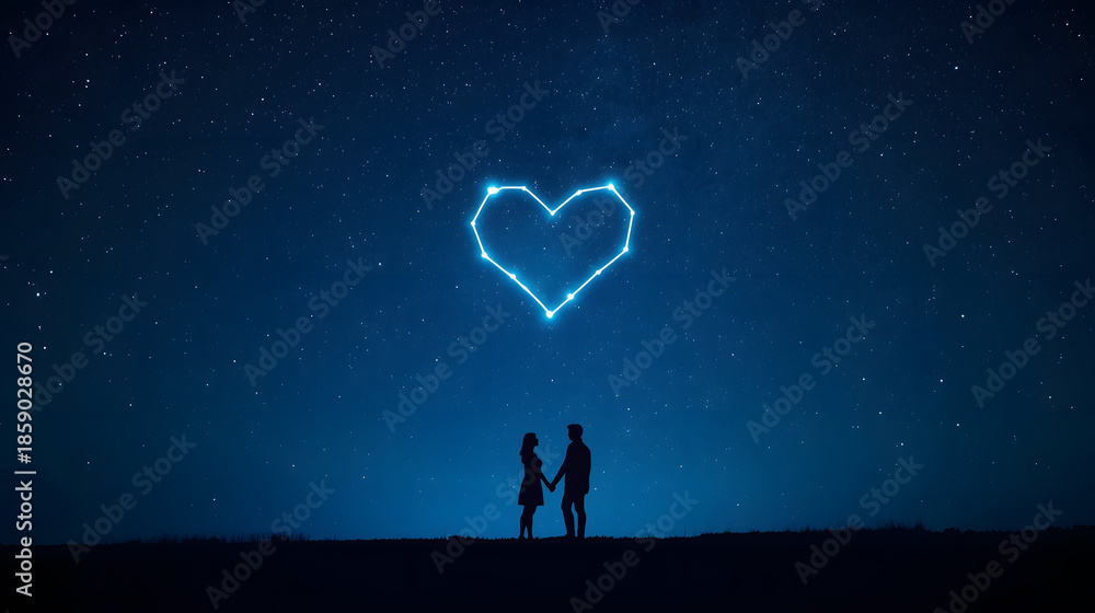 Obraz premium Romantic Silhouette of a Couple Looking at Heart Shaped Stars in Night Sky
