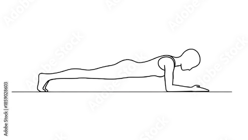 Continuous line drawing of a woman performing the forearm plank exercise, symbolizing core strength training and stability workout.