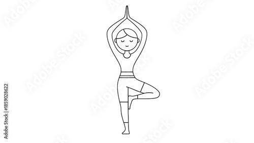 Minimalist Line Icon of Woman in Yoga Tree Pose Vrikshasana for Wellness, Meditation, and Physical Balance Training Vector