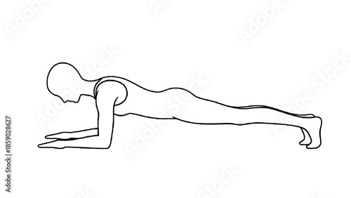 Continuous line art illustration of a person holding a forearm plank position, symbolizing core strength, fitness training, and abdominal workout.