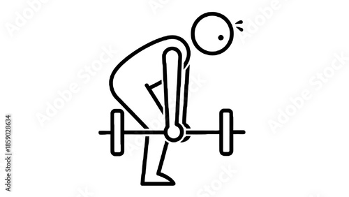 Line icon of a person attempting to deadlift a heavy barbell, illustrating extreme physical effort, fatigue, and intense strength training workout failure.