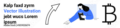 Cryptocurrency, finance, technology, digital economy, blockchain, conceptual design. Woman holding a document with an arrow pointing to a Bitcoin symbol alongside placeholder text. Cryptocurrency