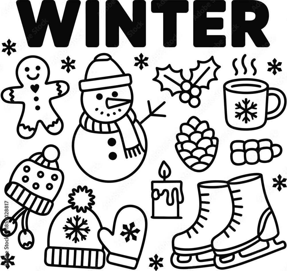 Fototapeta premium A black and white illustration of winter themed objects including the word Winter