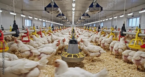 A bustling poultry farm with chickens roaming freely on a bed of wood shavings under bright lights