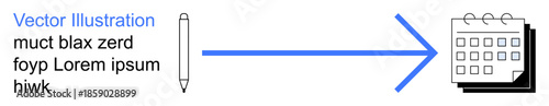 Planning, productivity, scheduling, data transfer, organization, task management. A pen with an arrow pointing toward a calendar. Planning and productivity concept showing task organization