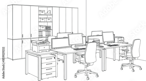 Modern shared office workspace vector line art featuring interconnected desks ergonomic chairs printer stand and large storage cabinet unit.