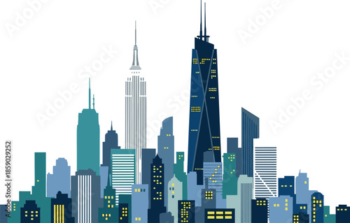Modern urban city skyline vector featuring recognizable skyscrapers and architectural landmarks with glowing window lights at night design.
