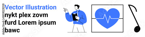 Health monitoring, cardiovascular care, creative design, medical analysis, music therapy, communication. Person pointing at a heartbeat symbol. Health monitoring and cardiovascular care concepts