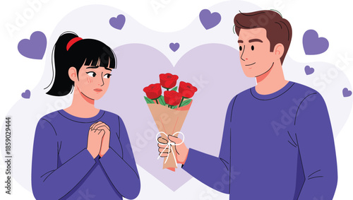 Romantic flat illustration of a young man giving a rose bouquet to a blushing woman with purple hearts.