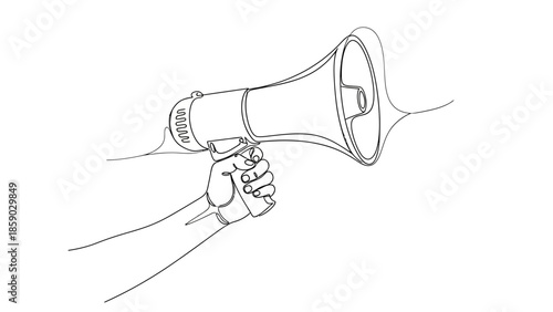 A minimalist line drawing of a hand holding a megaphone, symbolizing announcement or protest.