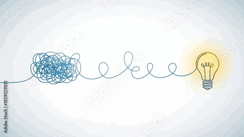 A tangled line transforms into a bright idea represented by a glowing light bulb.