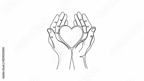 A delicate line drawing of two cupped hands gently holding a heart shape.
