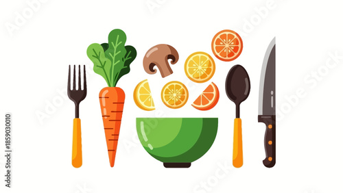A vibrant illustration of fresh vegetables and fruits arranged around a green bowl with cutlery, symbolizing healthy eating and culinary preparation.