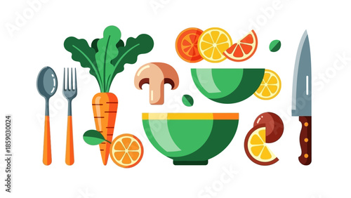 A vibrant illustration of fresh ingredients and kitchen utensils, including a carrot, mushroom, oranges, bowls, and cutlery.