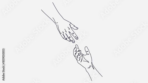 Two hands reaching out to each other in a minimalist line drawing style.