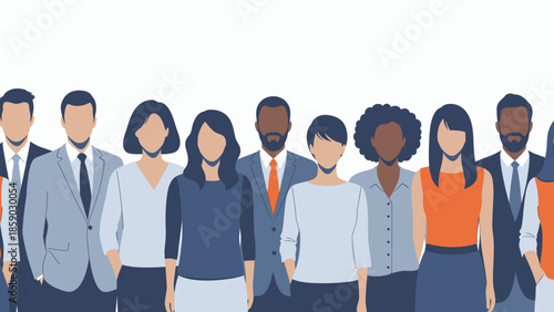 A diverse group of professionals standing together, representing teamwork and unity in a business setting.