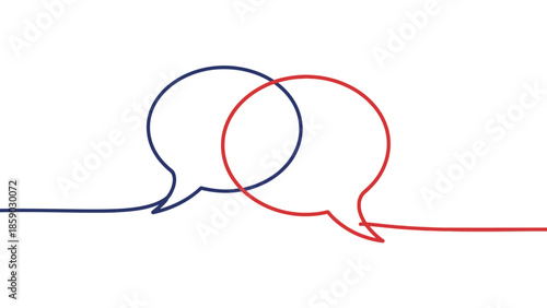 Two overlapping speech bubbles drawn with a single continuous line in red and blue.