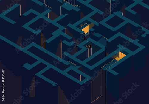 Isometric view of a complex maze with glowing orange paths on a dark
