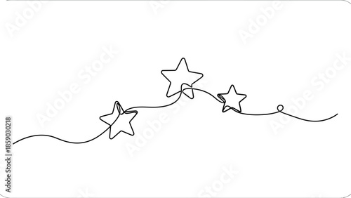 A minimalist continuous line drawing of three stars connected by a flowing line on a white background.