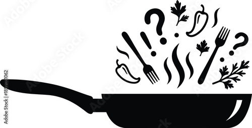 Cooking pan silhouette with spices vegetables and utensils concept isolated on white background kitchen food vector illustration design icon symbol