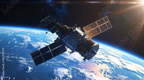 Satellite orbiting Earth in space, solar panels, technology, science.