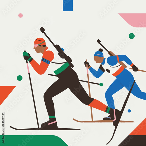 Illustration Of A Biathlon Athlete Ice Skating With A Gun Behind Him Vector Design Template