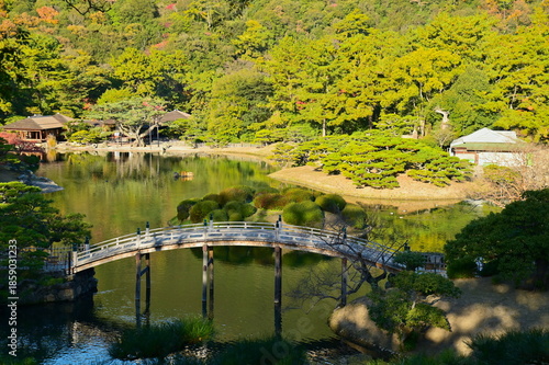 Ritsurin Garden Pond and Bridge Landscape, Kagawa Prefecture, Japan