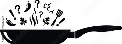 Creative cooking pan silhouette with flying ingredients, spices, kitchen tools icons, concept illustration for recipes, food preparation, culinary inspiration design
