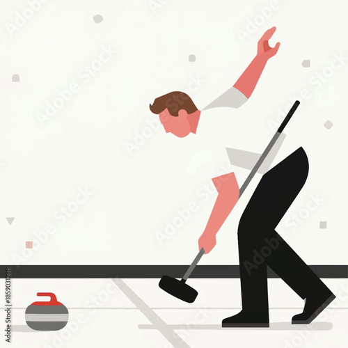 Illustration Of A Curling Athlete Sweeping His Hands In A Thin Circle On An Empty Floor Vector Design Template