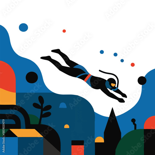 Illustration Of A Freediving Athlete Diving Deep, In Empty Space Vector Design Template