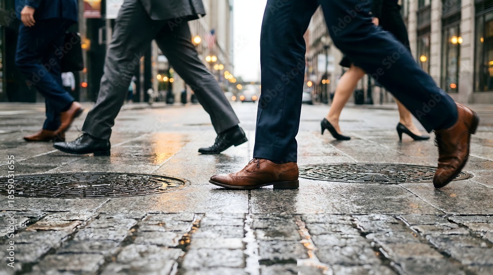 Fototapeta premium Business people in professional attire walk briskly on a wet, cobblestone city street after rainfall, creating a dynamic urban scene.
