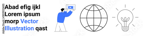 Man holding a video screen, abstract globe, and lightbulb. Ideal for education, innovation, global reach, creative solutions, digital platforms, online content simple landing page
